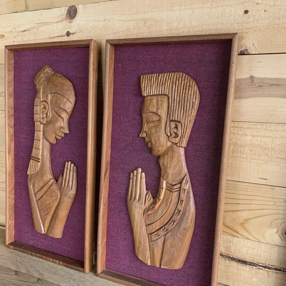 2 Wall Art Hangings Namaste Lady Man Praying Carved Wood Teak VTG Tribal African